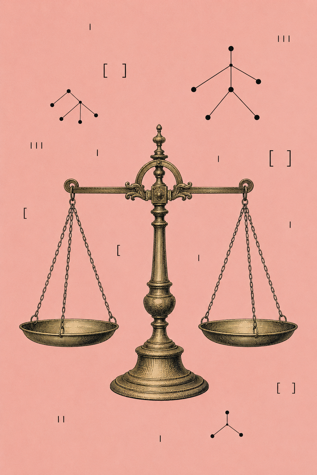 Antique engraving of a brass balance scale with classification tree symbols on a dusty-rose background.