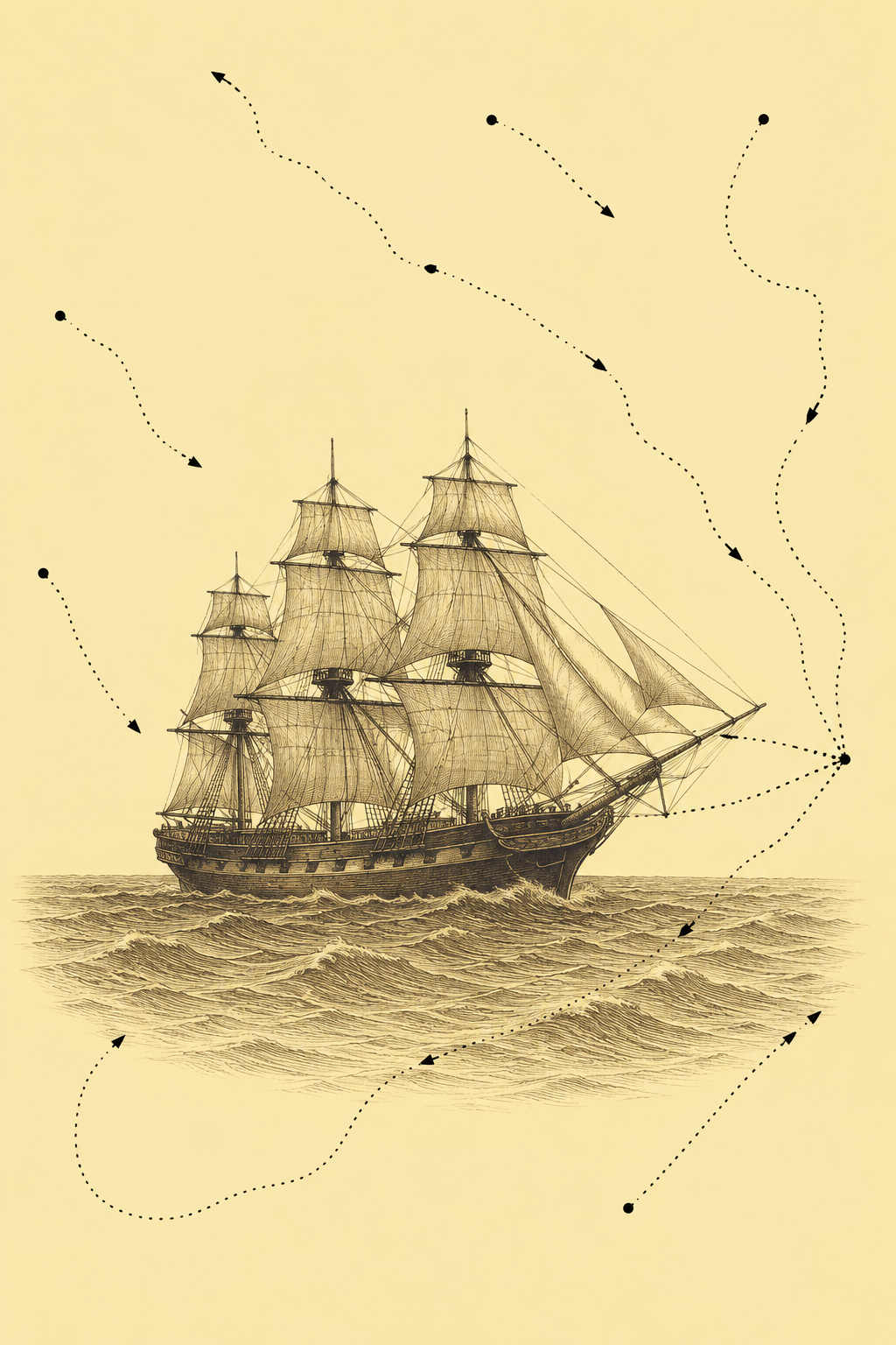 Antique engraving of a three-masted sailing ship tracing dotted routes on a butter-cream background.