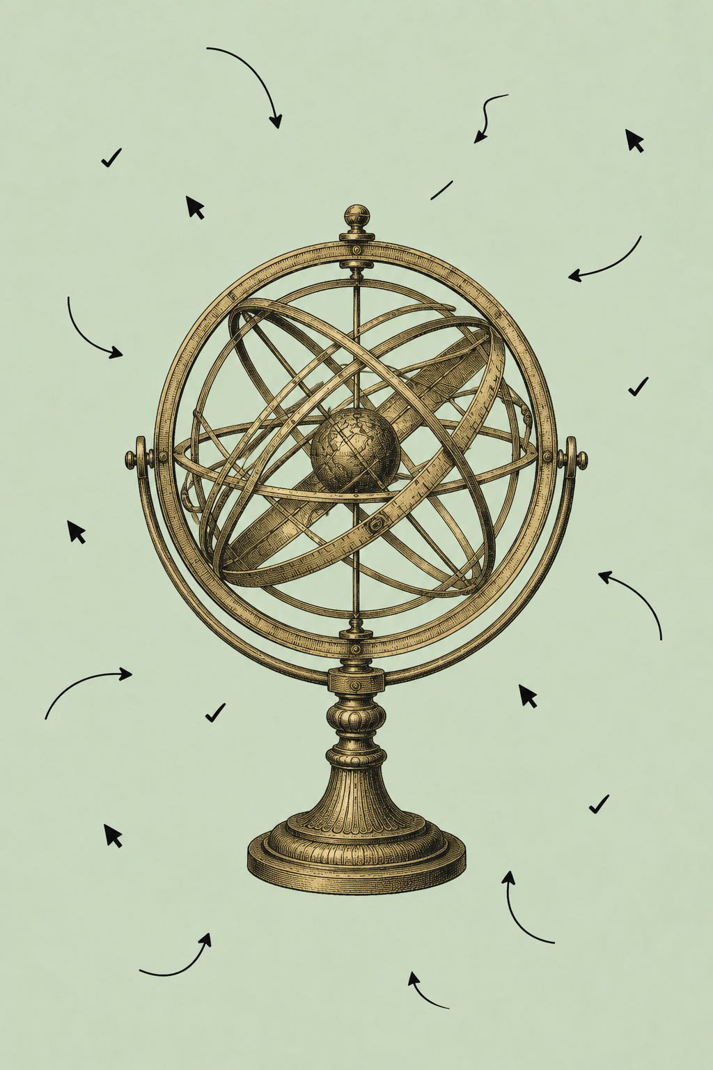 Antique engraving of a brass armillary celestial sphere ringed by cursors and arrows on a sage-green background.